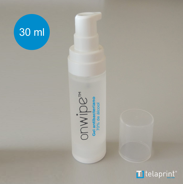 Álcool Gel frasco tampa doseadora em embalagem reutilizável.